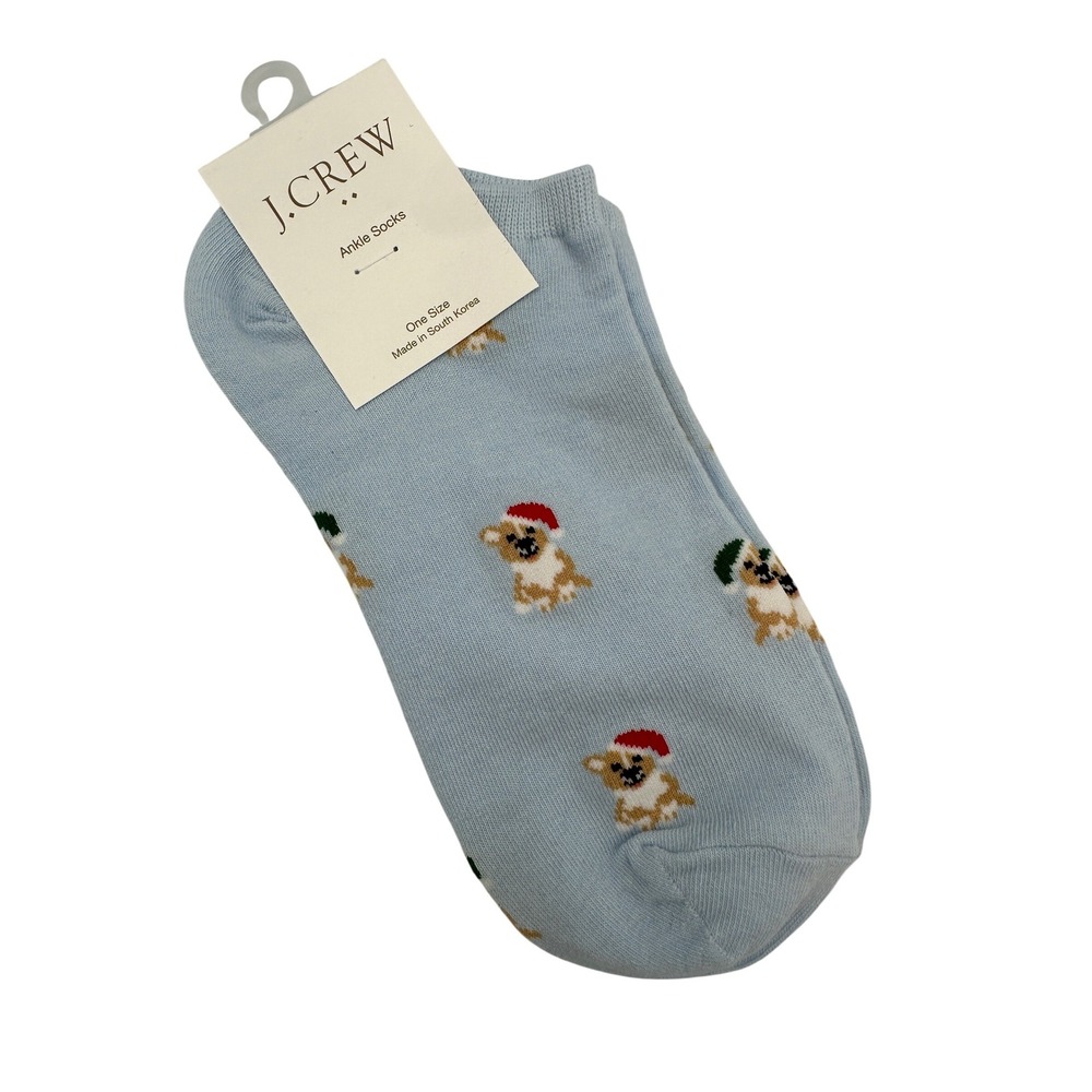 J.‎ Crew Women's Ankle Socks Light Blue Puppy Dog Christmas Print One Size NWT